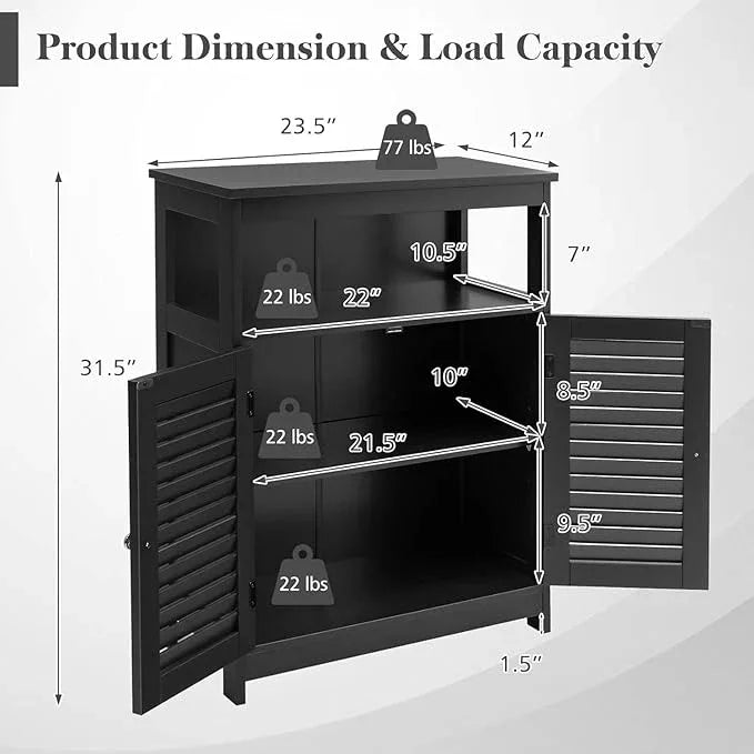 LDAILY Bathroom Storage Cabinet, Freestanding Organizer With Double Shutter Doors, Adjustable Shelf, Wooden Floor Cabinet for Kitchen, Entryway (Black) - ModernBath