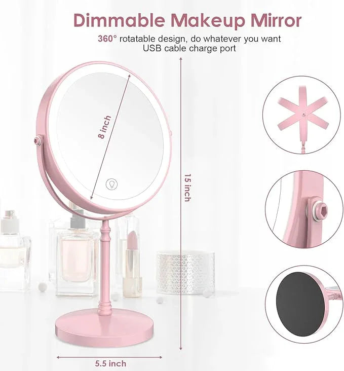 Lighted Makeup Mirror, 3000 mAh Rechargeable Double Sided Magnifying Vanity Mirror with 3 Colors, 1x/10x, 360° Rotation , Brightness Adjustable Magnification Cosmetic Light up Mirror, Women Gift - ModernBath