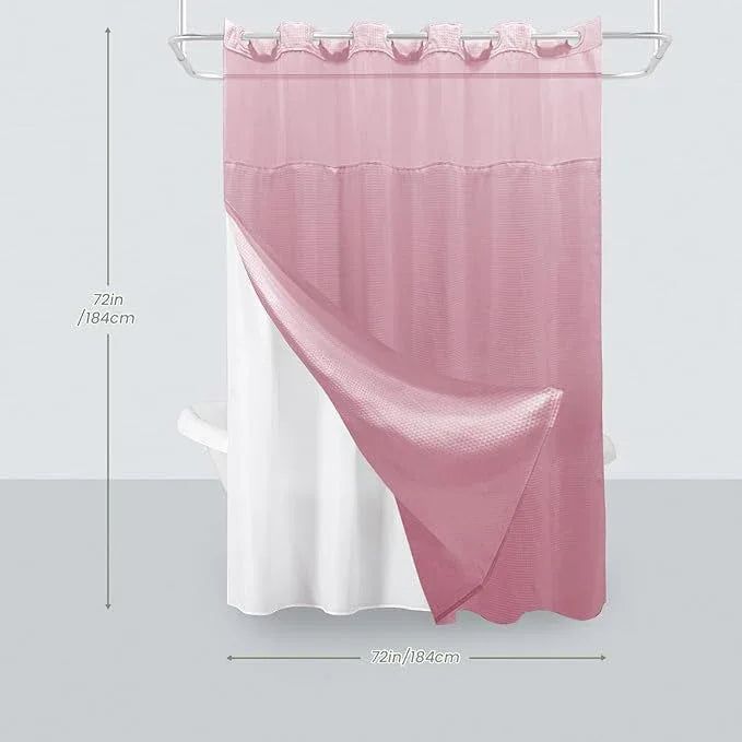 Inhousolu No Hook Shower Curtain with Snap in Fabric Liner Set Waffle Weave 230GSM Weighted Hem, Waterproof & Washable Bathroom Curtain Spa Luxury with Mesh Top Window 72" W x 72" L Pink - ModernBath