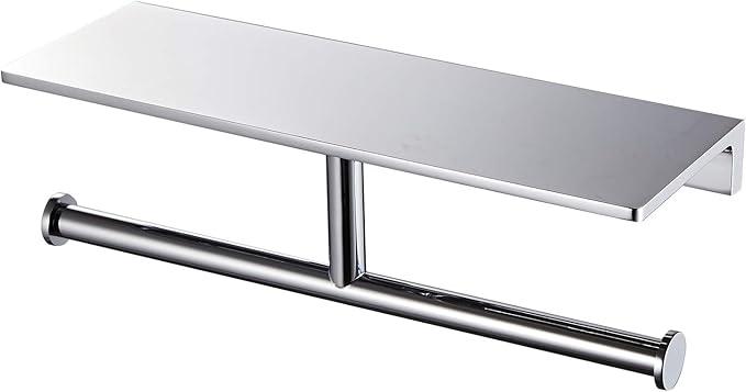 Double Toilet Roll Paper Holder Bathroom Solid Brass and Superior Hotel Style Wall Mount Tissue Roll Holder with Storage Shelf Bright Chrome Finished - ModernBath