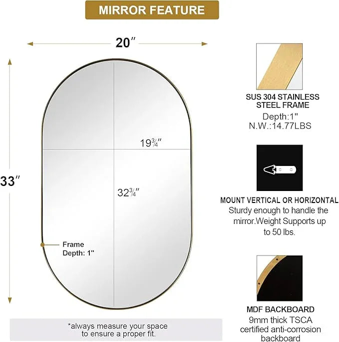 ANDY STAR Oval Bathroom Mirror, 20x33’’Oval Gold Mirror Stainless Steel Metal Frame Mirror for Bathroom, Entryway, Living Room, Contemporary 1" Deep Set Design Wall Mount Hangs Vertical or Horizontal - ModernBath