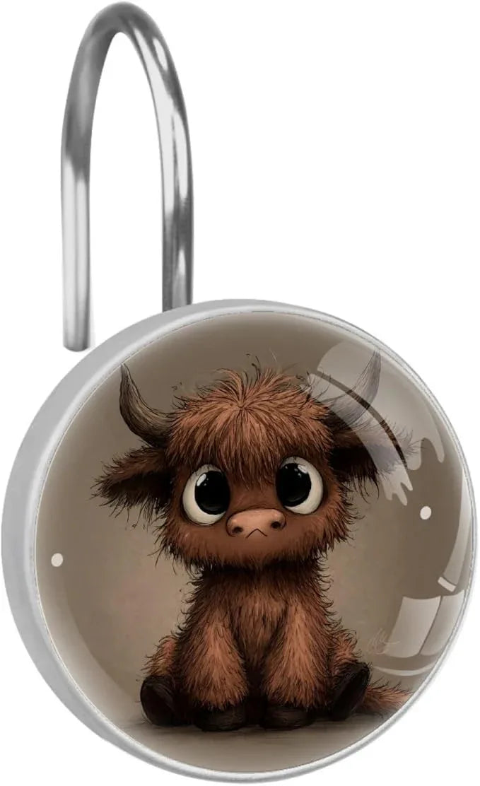 Brown Highland Cow Shower Curtain Hooks Rings, Stainless Steel Rust Proof Shower Curtain Hooks, Decorative Shower Hooks for Bathroom Shower Rods Curtains, Set of 12 - ModernBath