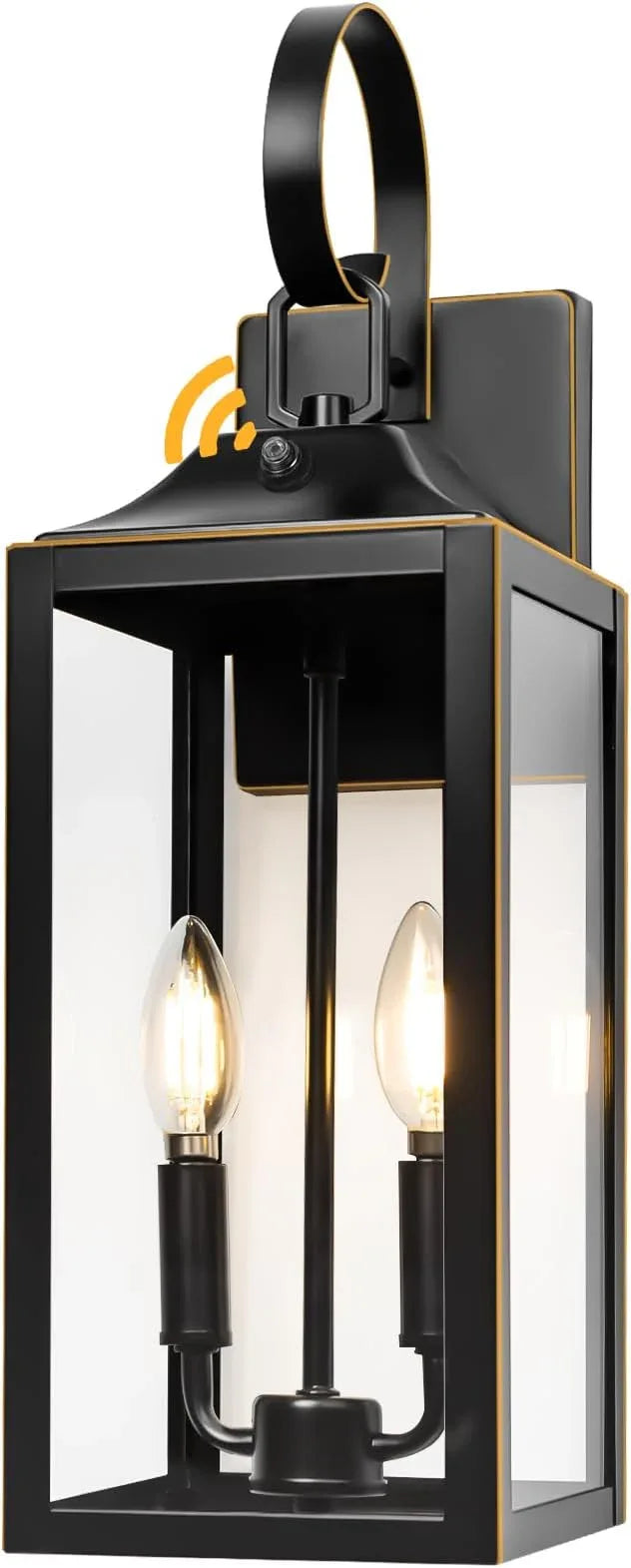 Large Dusk to Dawn Outdoor Lighting - 19" Black Outside Wall Mount Light Fixture with Gold Trim, Exterior Farmhouse Wall Sconce Lantern, Modern Porch Light Exterior Lamp for House 2-Light (1 Pack) - ModernBath