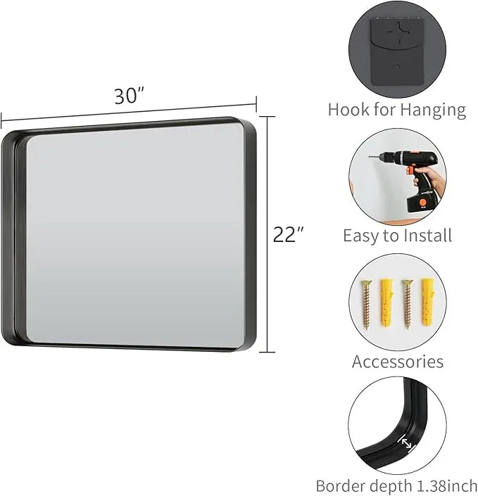 Koonmi Black Bathroom Mirror for Wall, 22x30 Inch Matte Metal Deep Framed Rounded Corner Wall Mirror, Shatterproof Tempered Glass for Farmhouse Bedroom Entryway, Vertically or Horizontally - ModernBath