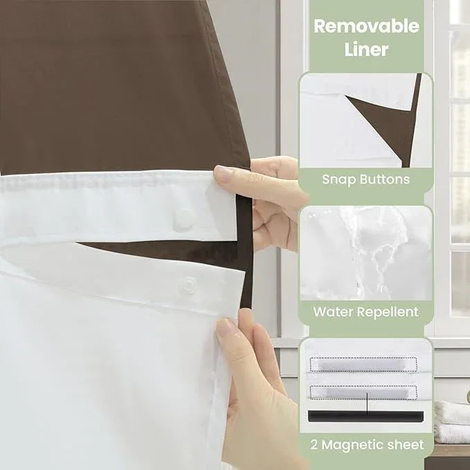 Inhousolu No Hook Shower Curtain with Snap in Fabric Liner Set Waffle Weave 230GSM Weighted Hem, Waterproof & Washable Bathroom Curtain Spa Luxury with Mesh Top Window 72" W x 72" L Brown - ModernBath