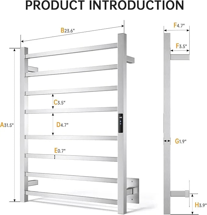 Towel Warmer Rack, Heated Towel Racks for Bathroom, Wall Mounted Towel Warmer, Stainless Steel 8-Bars Drying Rack with Intelligent Touch Screen Timer, Brushed Nickel - ModernBath