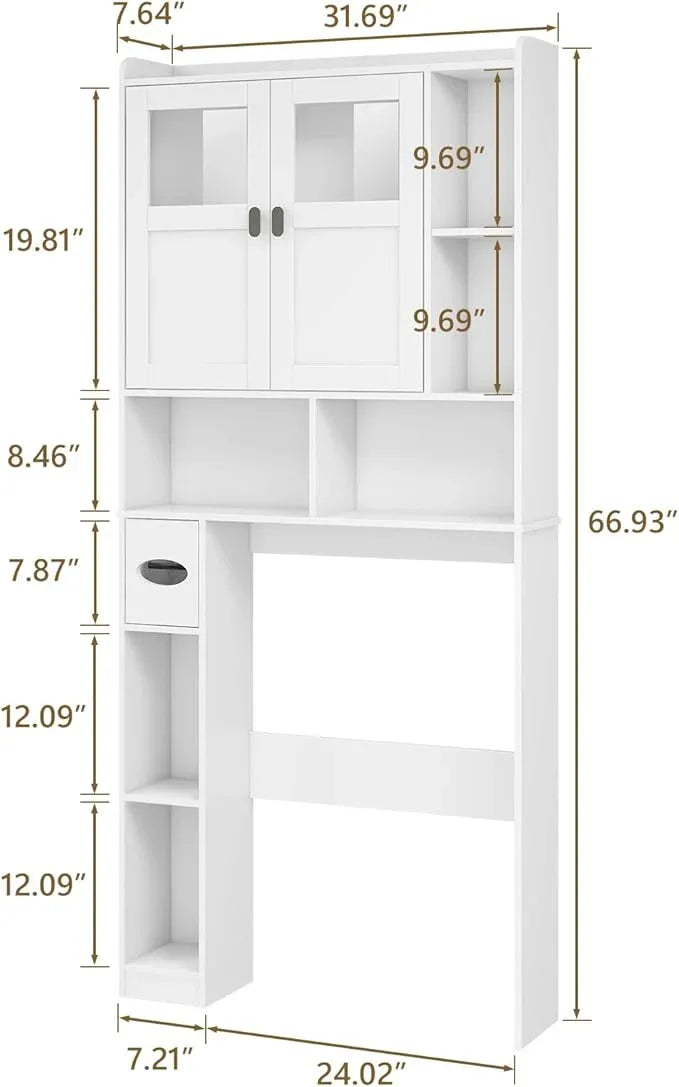 Vabches Over The Toilet Storage Cabinet, Bathroom Shelf Over Toilet with Glass Doors and Adjustable Shelves, White Freestanding Home Space Save Toilet Rack for Restroom, Bathroom, Laundry - ModernBath