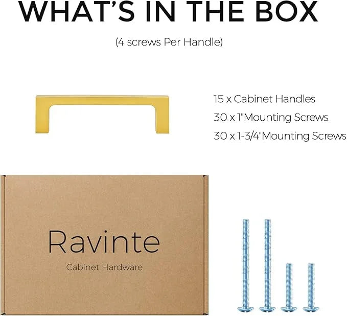 Ravinte 15 Pack Solid 3-1/2 Inch Square Cabinet Handles - Brushed Brass Drawer Pulls - Kitchen Hardware and Handles - ModernBath