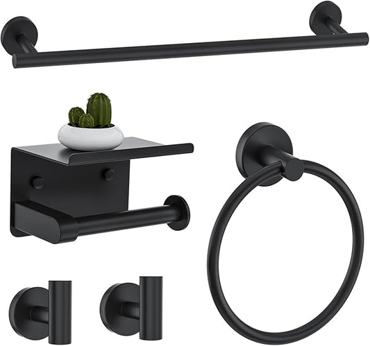 Matte Black Bathroom Hardware Accessories Set 5-Piece Towel Bar Set Includes 23.6in Towel Bar Toilet Paper Holder with Shelf,Towel Holder Set for Bathroom Stainless Steel Wall-Mounted