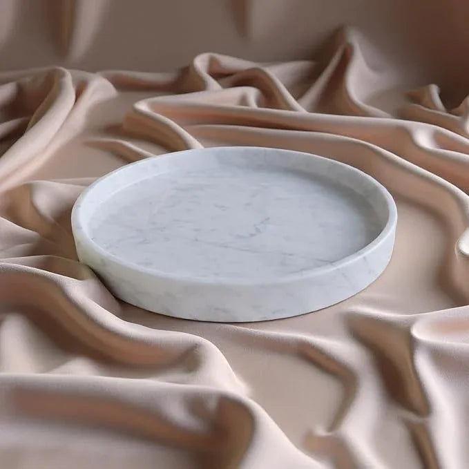 Apasqro Carrara White Marble Tray Round 10 Inch, Natural Stone Perfume & Dessert Tray, Elegant Serving & Display Plate for Home, Vanity, 2 cm Deep, Non-Slip Base - ModernBath