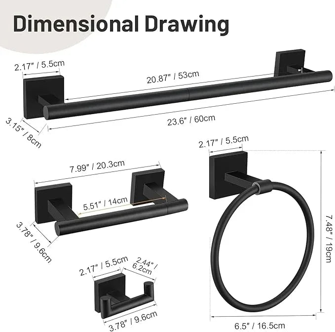 Matte Black Bathroom Hardware Set, 5-Piece Bath Towel Bar Set with 23.6” Towel Bar, Towel Ring, Toilet Paper Holder, Two Hooks, SUS304 Towel Racks for Bathroom Wall Mounted - ModernBath