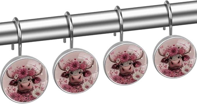 Highland Cows and Florals Rust Proof Shower Curtain Hooks 12Pcs for Bathroom Shower Rod, Decorative Shower Hooks Shower Curtain Hanger Rings Roller, Glass, Resin, Stainless Steel - ModernBath
