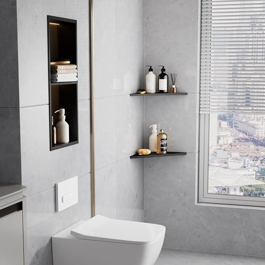 10 Inch No Drilling Corner Shower Shelf Matte Black– 2-Pack Wall Mounted Bathroom Shelves for Inside Shower, Triangular Recessed Shower Caddy, Stainless Steel Shower Organizer for Tiled Walls