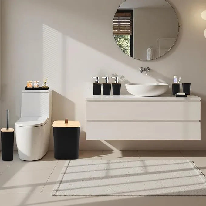XLHOMO Black Bathroom Accessories, Bathroom Accessories Set with Trash Can, Soap Dispenser, Toothbrush Holder, Toothbrush Cup, Soap Dish, Toilet Brush, Tray and Q-tip Holders for Housewarming - ModernBath