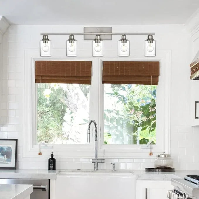 VINLUZ 5-Light Bathroom Vanity Light Fixtures in Brushed Nickel Finish Indoor Wall Sconce Lighting Over Mirror with Clear Glass Shade for Living Room, Bedroom, Hallway - ModernBath