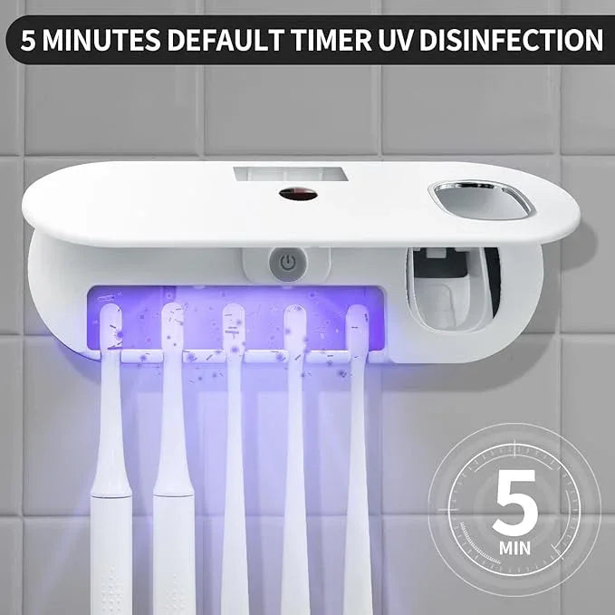 Toothbrush Holders - OVAS HOO Toothbrush Holder for Bathroom 5 Toothbrush Slots Toothbrush Holder Wall Mounted with Toothpaste Dispenser Chargeable Tooth Brushing Holder (White) - ModernBath