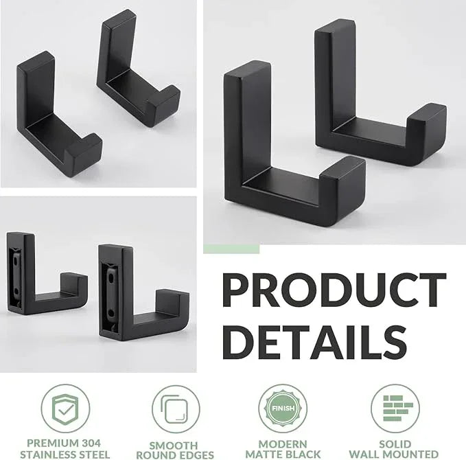 APLusee L Shape Bath Towel Hook 2 Pack, 304 Stainless Steel Coat Holder, Wall Mounted Storage Hanger for Bathroom Kitchen, Matte Black - ModernBath