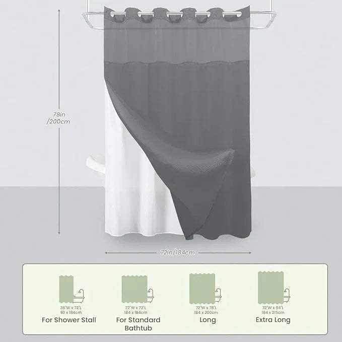 Inhousolu Long No Hook Shower Curtain with Snap in Fabric Liner Set Waffle Weave 230GSM Weighted Hem, Waterproof & Washable Bathroom Curtain Spa Luxury with Mesh Top Window 72" W x 78" L Grey - ModernBath