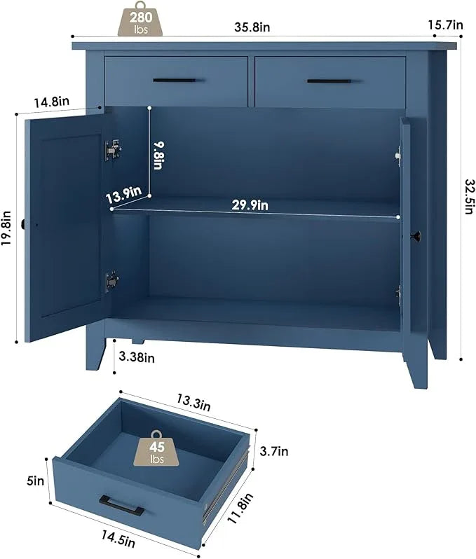 HORSTORS Kitchen Storage Cabinet, Modern Farmhouse Buffet Cabinet with Storage, Coffee Bar with 2 Drawers and 2 Doors, Floor Sideboard Buffet for Living Room, Dining Room, Bathroom, Blue - ModernBath