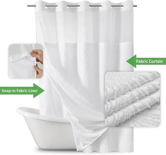 eachope Extra Long No Hook Shower Curtain and Liner Set，Boho Style with See Through Top Window, Tufted Striped Textured Outer Curtain & Waterproof Inner Liner for Bathroom, White, 71Wx98H - ModernBath