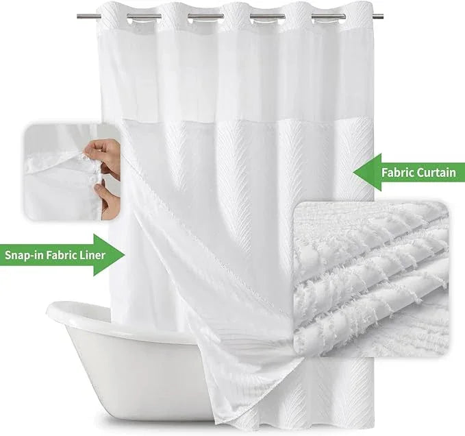 eachope no Hook Shower Curtain and Liner Set，Boho Style with See Through Top Window, White Fabric Tufted Striped Textured Outer Curtain & Waterproof Inner Liner, White, 71Wx77H - ModernBath