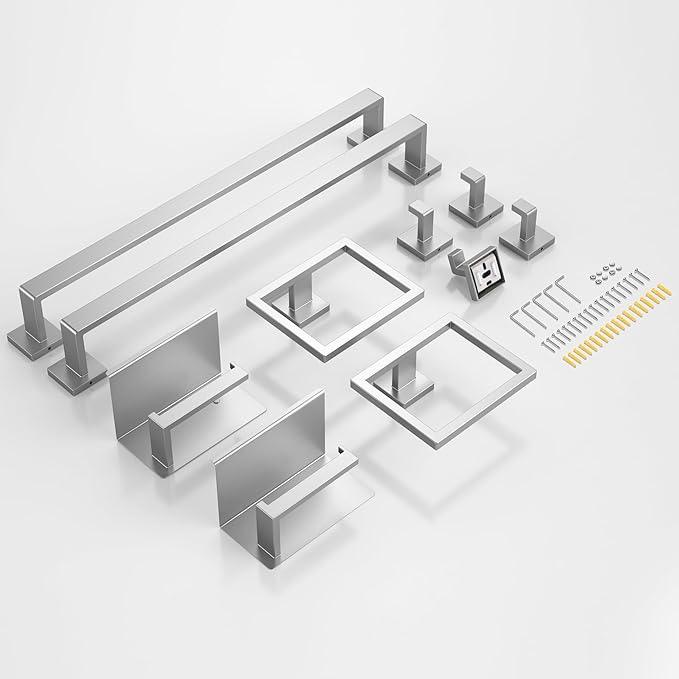 JIXB 10-Piece 23.6 Inch Brushed Nickel Bathroom Accessories Set, Bathroom Hardware Set, SUS304 Stainless Steel Bath Towel Bar Set, Toilet Paper Holder with Shelf, Towel Hooks & Ring Wall Mounted - ModernBath