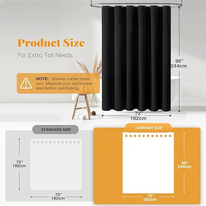 BTTN 96 Inch Extra Long Shower Curtain, Tall Linen Textured Heavy Duty Fabric Shower Curtain Set with 12 Hooks, Large Simple Decorative Polyester Bath Curtains for Bathroom, Quick-Drying, 72x96, Black - ModernBath