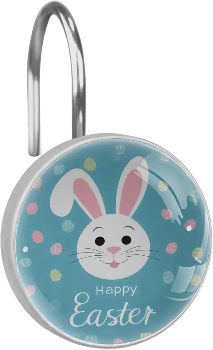 Easter Cute Bunny Rabbit Crystal Glass Shower Curtain Hooks for Bathroom Shower Rod, 12Pcs Round Home Decorative Shower Curtain Rings, Blue Bathroom Bedroom Living Room Accessories - ModernBath