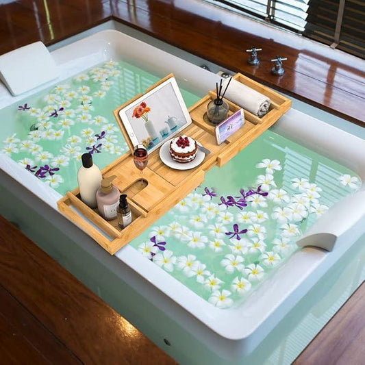 Bamboo Bathtub Tray for Luxury Bathroom, Expandable Premium Bath Tray w/Soap Towel Book Holder, Adjustable Bath Accessories for Tub,Extendable Tub Tray w/Wine Glass Cup Organizer 29.5"-43.3" Nature - ModernBath