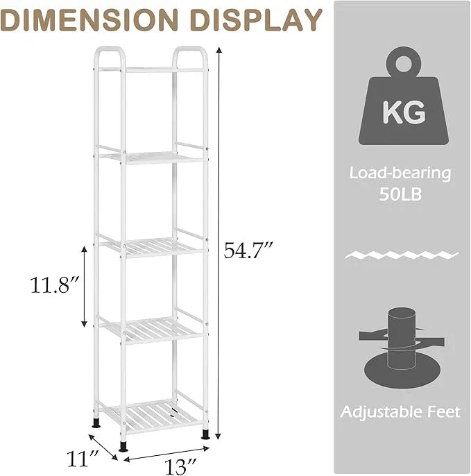 JSB 5 Tier Narrow Bathroom Shelving Unit, Kitchen Storage Rack Organizer Metal Corner Shelf for Living Room Laundry Pantry (Matte White, 5 Tier) - ModernBath