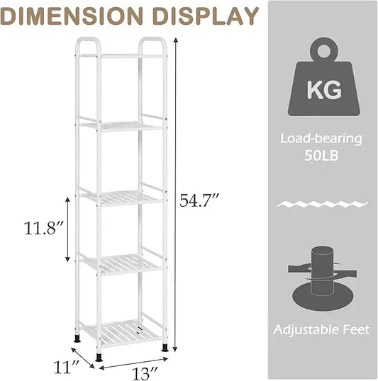 JSB 5 Tier Narrow Bathroom Shelving Unit, Kitchen Storage Rack Organizer Metal Corner Shelf for Living Room Laundry Pantry (Matte White, 5 Tier) - ModernBath