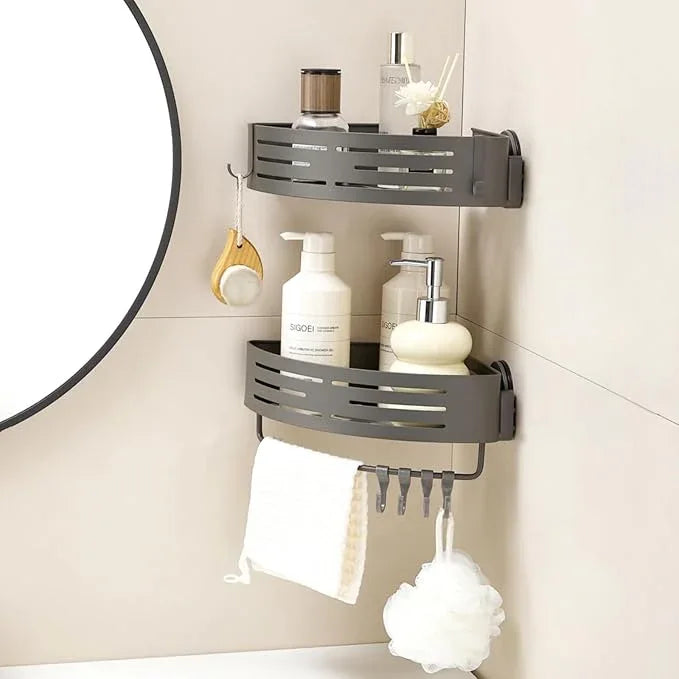 Suction Cup Shower Caddy Corner, Shower Storage Rack With Large Capacity, No Drilling Suction Shelves Space-Saving Shower Organizer with Towel Bar Hooks for Bathroom & Home Decor(2pcs, Gray) - ModernBath