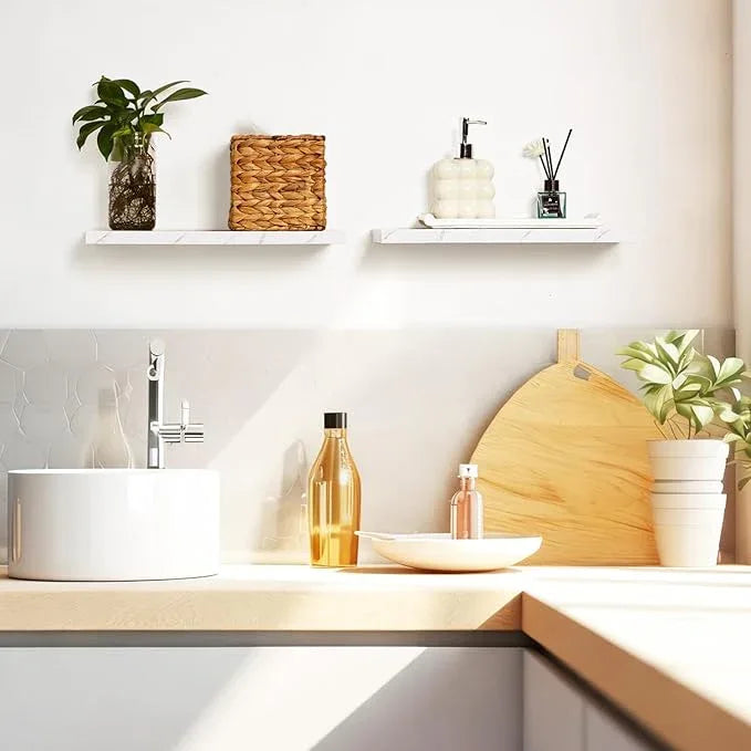 Pinkunn 3 Pcs Faux Marble Floating Shelves Modern Wooden Floating Shelf Wall Mount Organizer Decor for Home Bathroom Kitchen Storage and Display - ModernBath