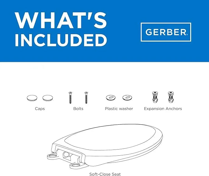Gerber Universal Elongated Toilet Seat with Cover, Soft Close, Top Mount, Easy Install, Heavy-Duty Plastic, Adjustable Fit for Standard Elongated Toilets, Fade-Resistant, White G0099849 - ModernBath