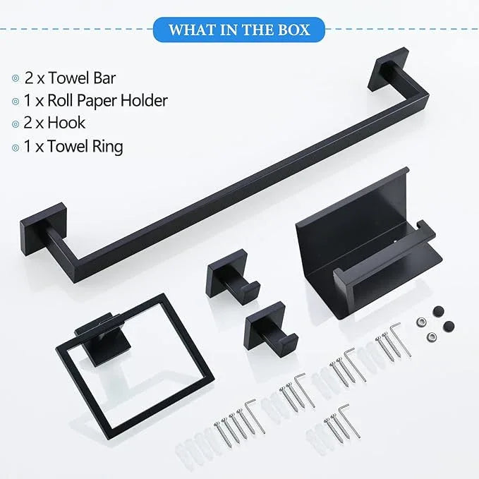 TNOMS 6-Piece Black Bathroom Hardware Set 23.6 Inch Towel Bar Set Double Towel Bar Towel Ring Coat Hook and Toilet Paper Holder with Shelf Wall Mounted Stainless Steel Bathroom Accessories Set - ModernBath