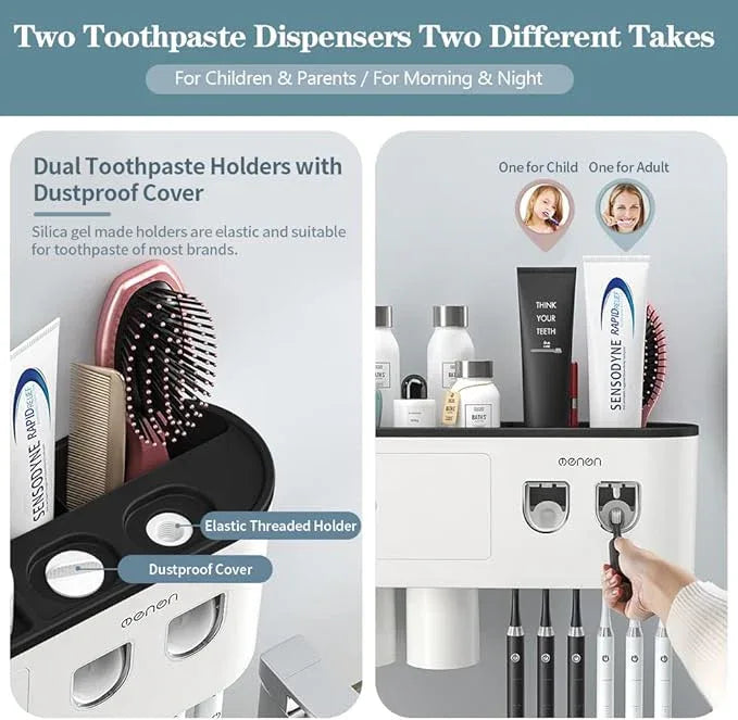BHeadCat Toothbrush Holders Wall Mounted, Toothbrush Holder with Automatic Toothpaste Dispensers, 6 Brush Slots, 2 Magnetic Cups,1 Cosmetic Drawer Organizer and 1 Large Storage Tray - ModernBath