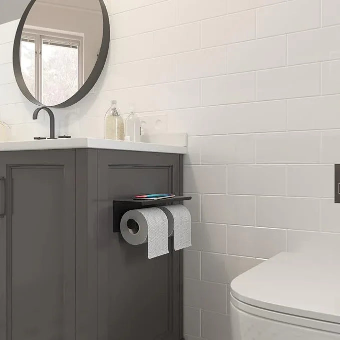 BGL Toilet Paper Holder with Shelf Matte Black, 304 Stainless Steel Wall Mount Toilet Tissue Roll Holder with Double Post for Bathroom, Commercial Toilet Paper Dispenser with Phone Shelf - ModernBath