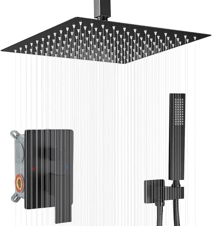 JingGang 12 Inch Ceiling Mount Matte Black Shower System Bathroom Luxury Rain Mixer Shower Combo Set Ceiling Rainfall Shower Head System (Contain Shower Faucet Rough-in Valve Body and Trim Kit) - ModernBath