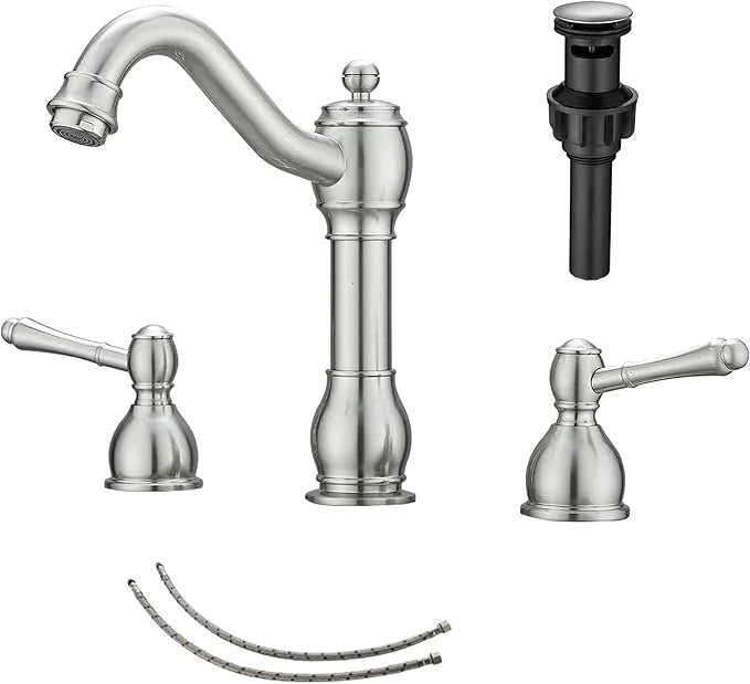 GGStudy 2 Handles 3 Holes Faucet Widespread Bathroom Sink Faucet Basin Tap Mixer Supply Hose Included Matching Pop Up Drain Brushed Nickel - ModernBath