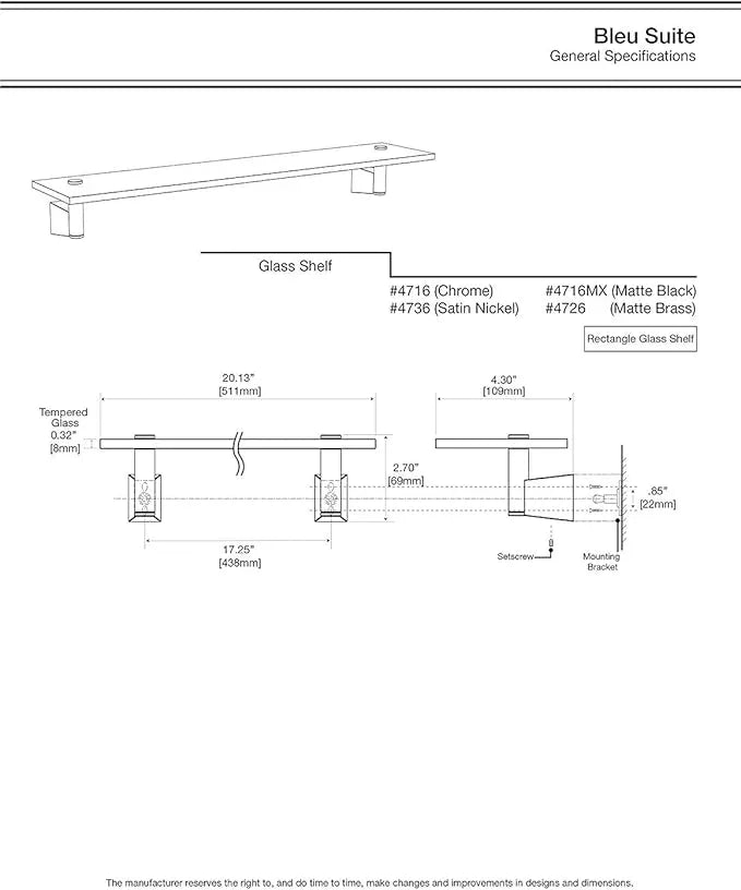 Gatco 4736 Bleu Glass Shelf, Satin Nickel/Wall Mounted 20.13" X 4.3" Tempered/Floating Rectangle Glass Shelf for Bathroom - ModernBath