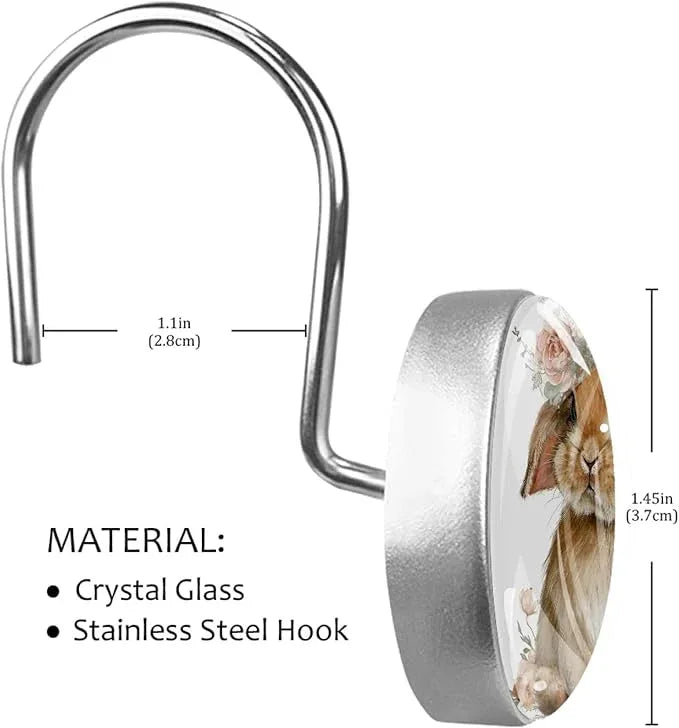 Cute Rabbits and Florals Rust Proof Shower Curtain Hooks 12Pcs for Bathroom Shower Rod, Decorative Shower Hooks Shower Curtain Hanger Rings Roller, Glass, Resin, Stainless Steel - ModernBath