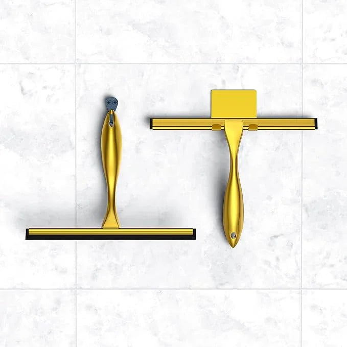 Shower Squeegee and Window Squeegee, Stainless Steel, 100% Streak-Free, Cleaner for Bathroom Showers Glass Doors, Home Mirrors, Car Windows Wiper, Adhesive Holder, Shower Door Hook, 10 Inch, Gold - ModernBath
