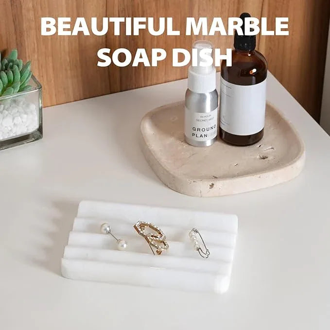 2PCS Koville African Natural Marble Soap Dish for Shower, Stone Soap Tray for Bathroom, Bar Soap Holder for Sink, Stripe Grooves Saver Keep Bars Dry Easy Clean (Namib Bianco) - ModernBath