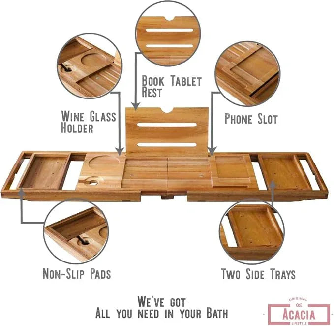 XcE Foldable Acacia Wood Bathtub Caddy Tray - Expandable to 40 Inches with Non-Slip Pads for Couples Luxury Bath - ModernBath