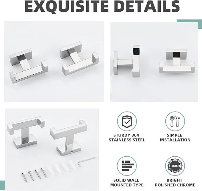 APLusee Double Robe Towel Hook Polished Chrome 2 Pack, 304 Stainless Steel Square Towel Hanger, Minimalist Coat Holder for Modern Bathroom Washroom - ModernBath