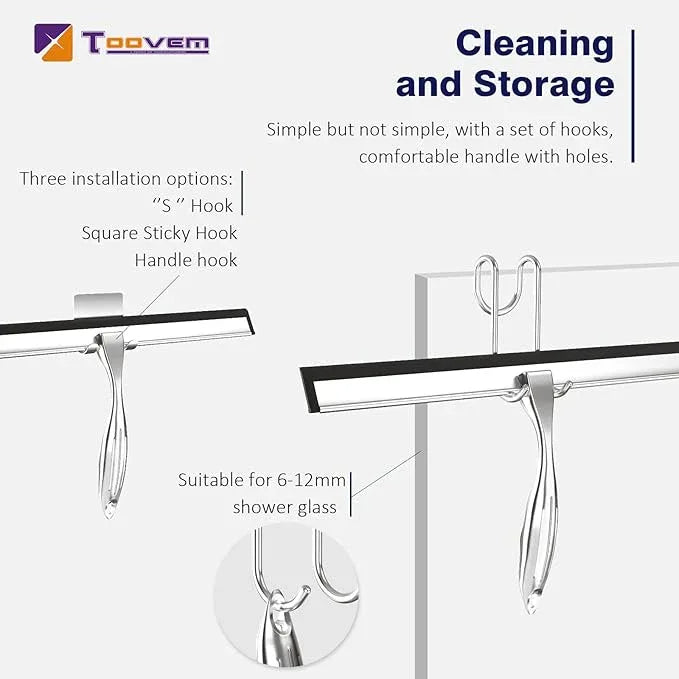 TOOVEM 14 Inch Shower Squeegee for Glass Doors, Window, Bathroom, Car Windshield, Shower Cleaning Tools with S Hook, Square Sticky Hook (Silver) - ModernBath