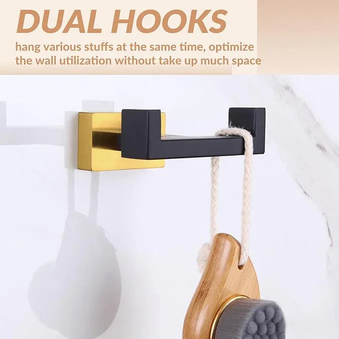 APLusee Double Bath Towel Hook 2 Pack, Solid Stainless Steel Square Dual Coat Holder, Modern Bathroom Kitchen Storage Hanger Wall Mounted, Black & Gold - ModernBath