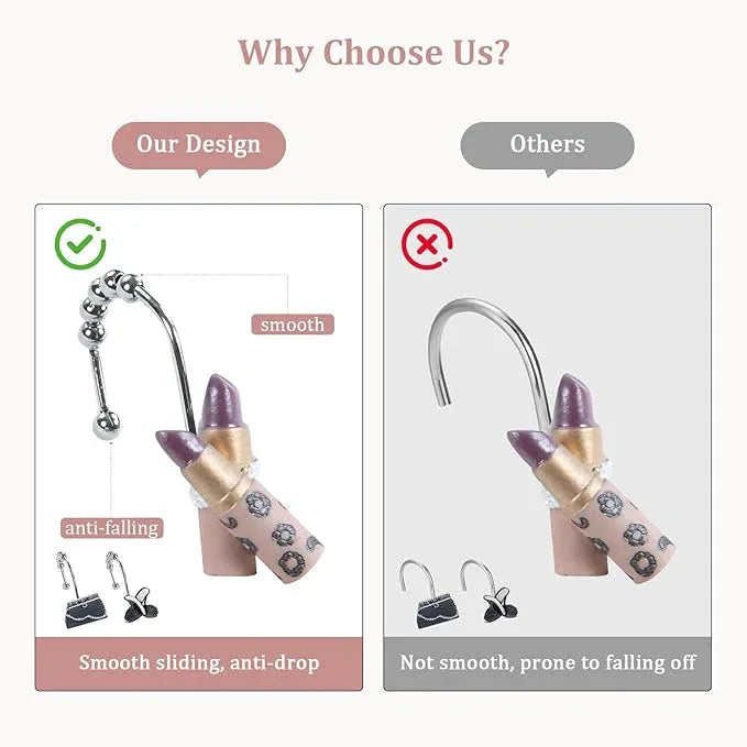 D DS CURTAIN Decorative Fashion Shower Hooks for Women, 12-Pack High-Heel Handbag Lipstick Design with Stainless Steel Rings, Rust-Proof for Bathroom Decor - ModernBath