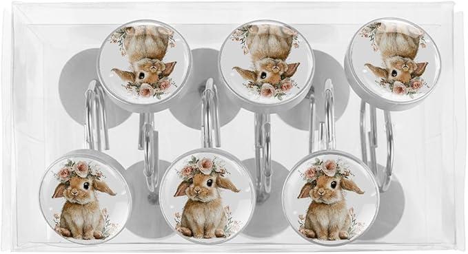 Cute Rabbits and Florals Rust Proof Shower Curtain Hooks 12Pcs for Bathroom Shower Rod, Decorative Shower Hooks Shower Curtain Hanger Rings Roller, Glass, Resin, Stainless Steel - ModernBath