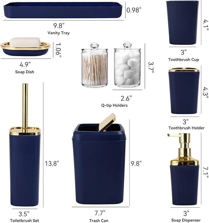 XLHOMO Navy Blue Bathroom Accessories Set, Blue and Gold Bathroom Accessories with Trash Can, Soap Dispenser, Soap Dish, Toothbrush Holder and Q-tip Holders - ModernBath